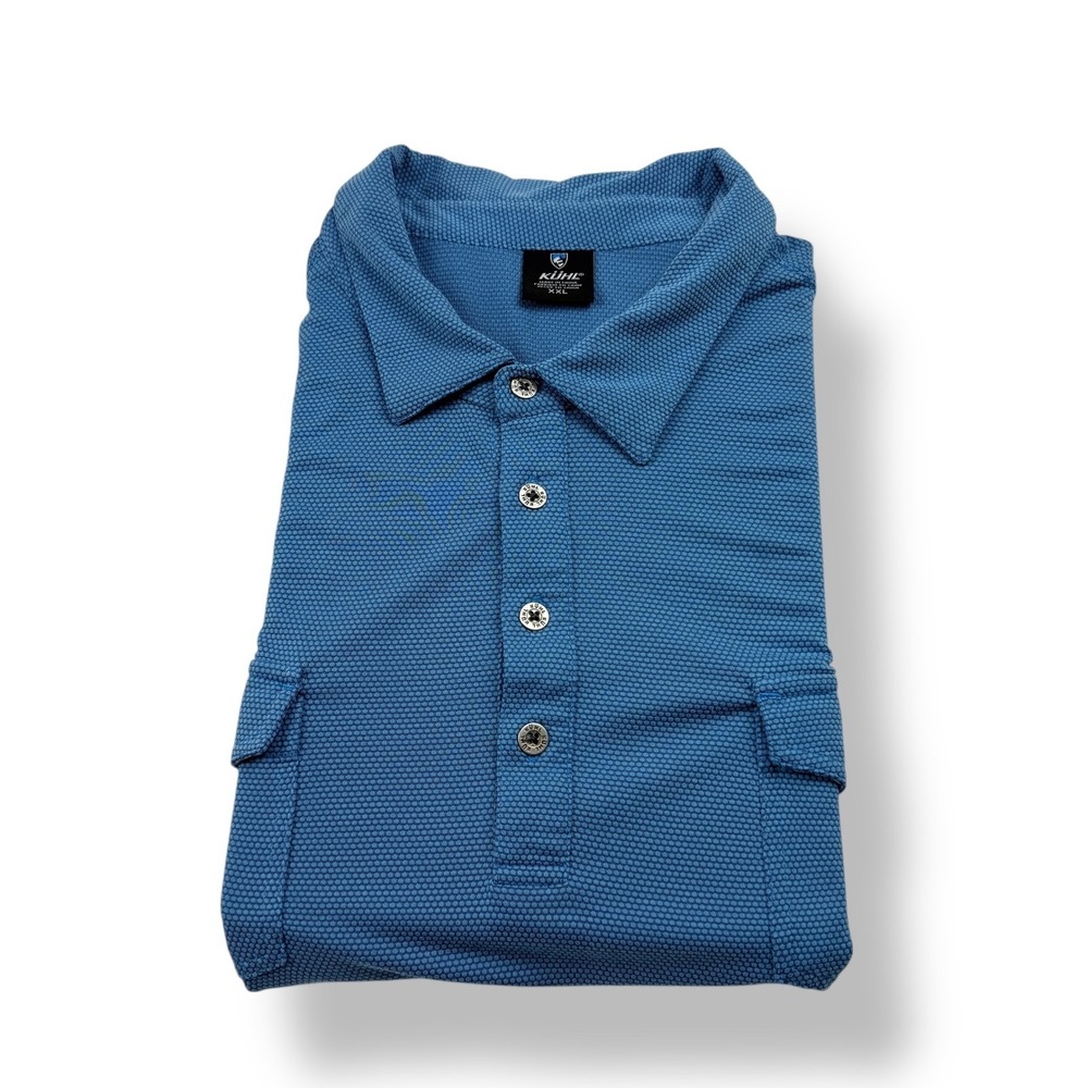 KUHL Mens Blue Textured Short Sleeve Golf Polo Shirt Pockets Size XXL‎